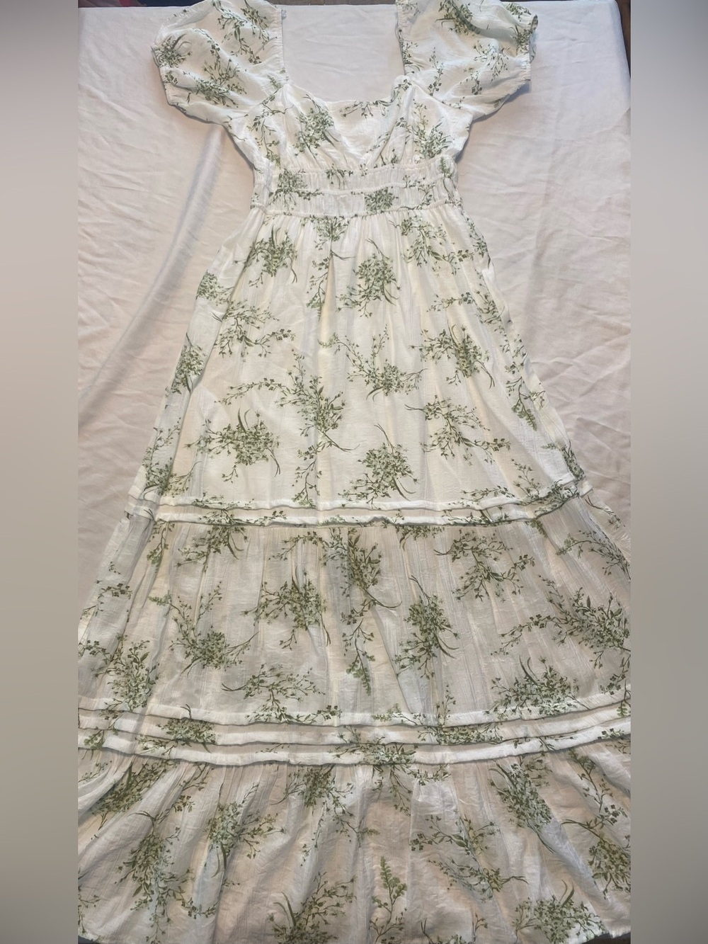 Boho White Maxi Dress with Green Baby’s Breath Print Festival Fairy Botanical